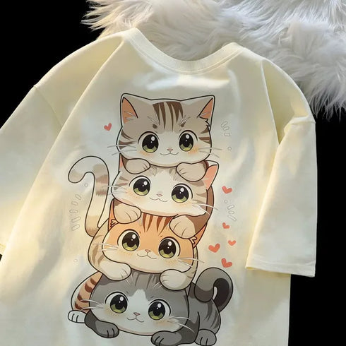 Cute Cartoon Cat Printed Short-Sleeved T-Shirt
