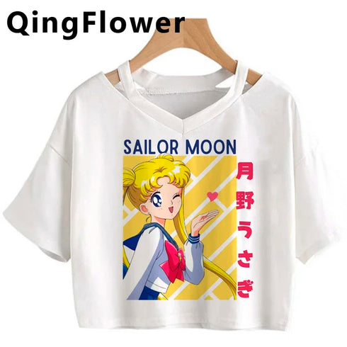 Kawaii Anime Cartoon Tee for Women - V-Neck Short Sleeve Top