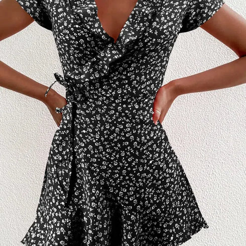 Floral A-Line Mini Dress with Ruffles and V-Neck