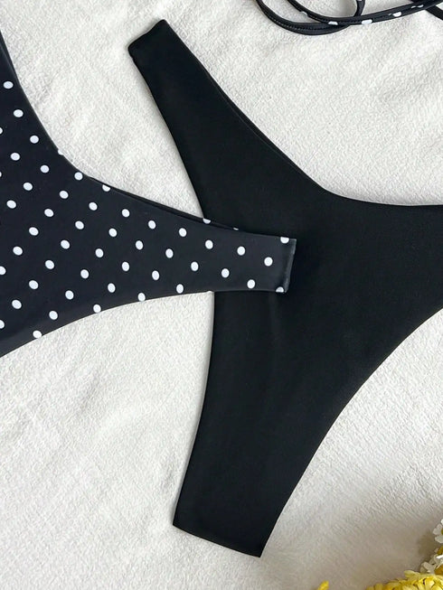 Four Piece Black and White Dotted Bikini Set