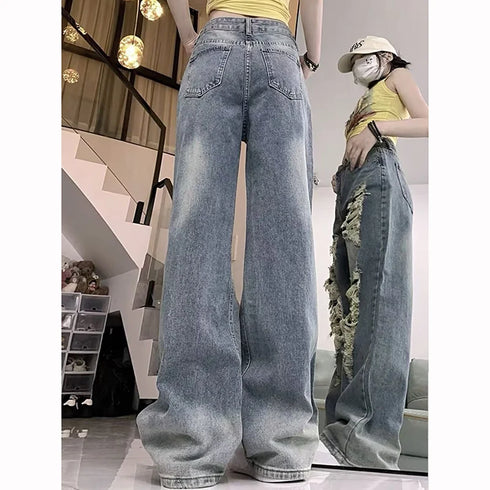 Chic Blue High Waist Loose Flare Jeans