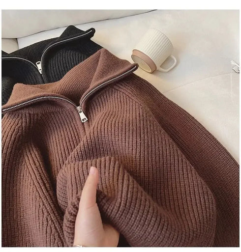 Half Zip Collar Knitted Sweater for Women
