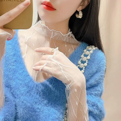 Sheer Lace Long Sleeve Turtleneck Top for Women