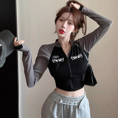 Korean Retro High Neck Cropped Top with Zipper