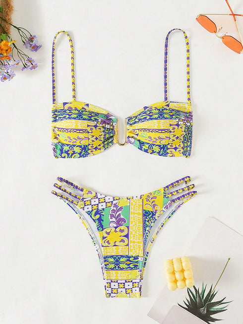 Floral Lace-Up Bikini Set in Yellow