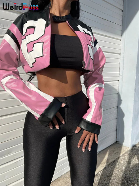 Weird Puss Faux Leather Varsity Jacket for Women