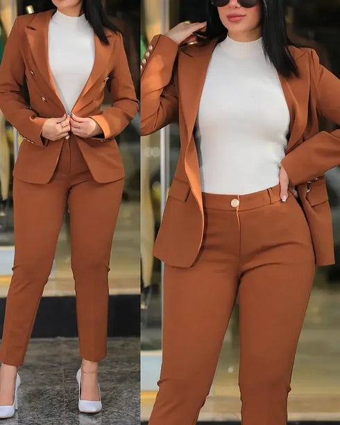 Notched Neck Blazer & High Waist Pants Set for Women