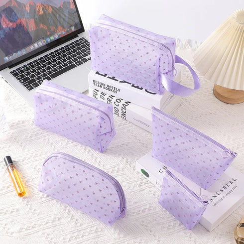 Heart Transparent Mesh Makeup Bag - Portable Cosmetic Pouch