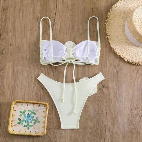 Floral Bandeau Thong Bikini Set for Women