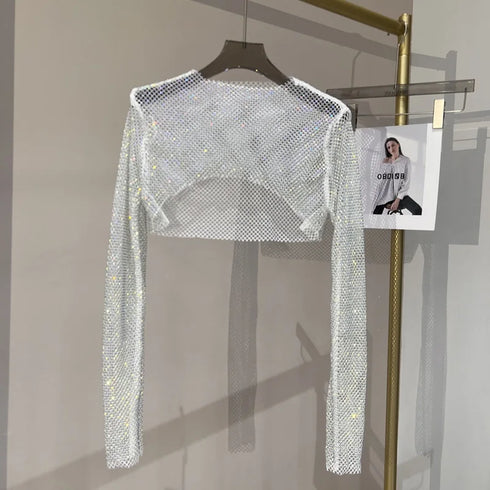 Hollow Out Rhinestone Long Sleeve Crop Top