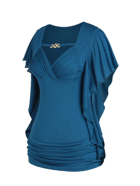 Plus Size Women's Ruffle Sleeve Slant Placket T-shirt