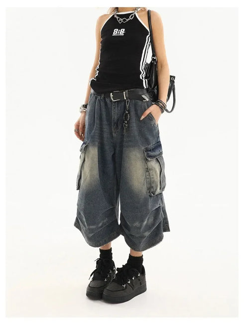 High Waist Vintage Blue Denim Cargo Pants