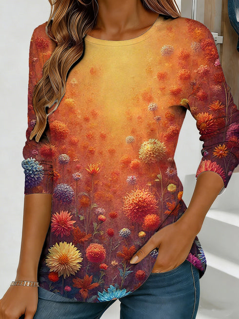 Women's blue floral watercolor print long-sleeved loose-fitting round neck top, casual, everyday, stylish and elegant.