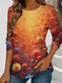 Women's blue floral watercolor print long-sleeved loose-fitting round neck top, casual, everyday, stylish and elegant.
