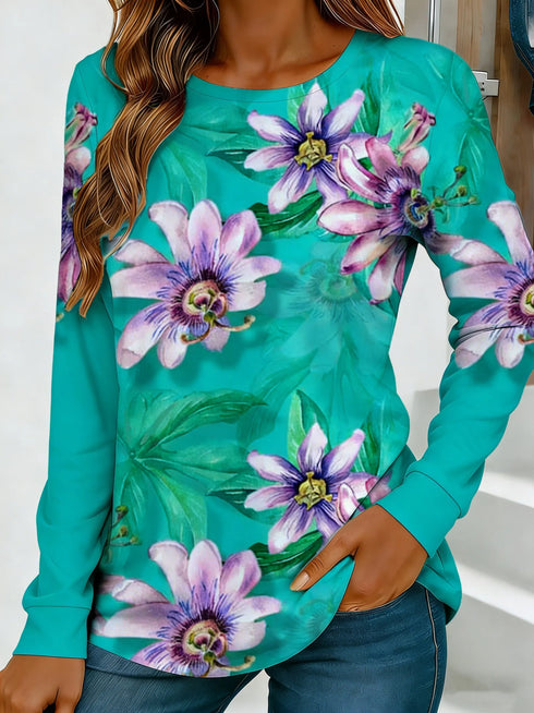 Women's Floral Print Long-Sleeved Loose-Fit Top