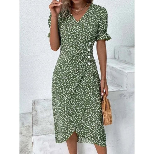 Elegant Floral Pleated Midi Dress with V Neck Puff Sleeves
