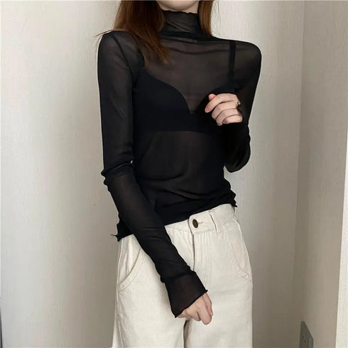 Sheer Long Sleeve Turtleneck Mesh Crop Top