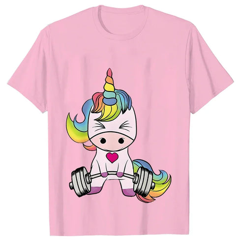 Whimsical Unicorn Weightlifting T-Shirts for Women | Trendy Fitness Graphic Tees for Summer Workouts