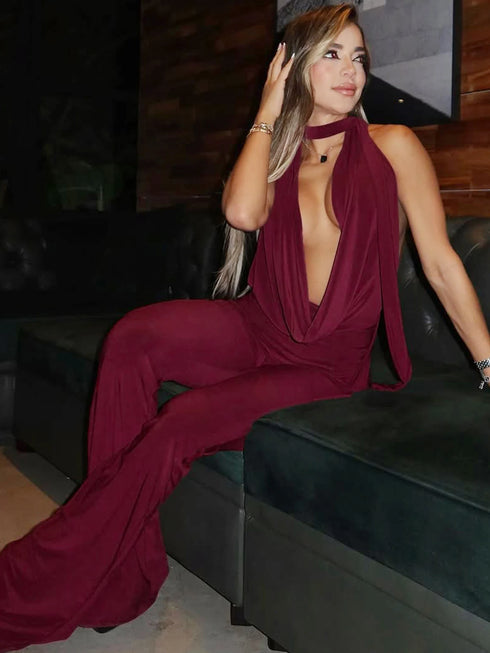 Dulzura Backless Lace-Up Flared Jumpsuit in Wine Red