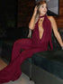 Dulzura Backless Lace-Up Flared Jumpsuit in Wine Red