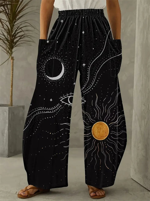 Abstract Star and Moon Print Wide-Leg Pants