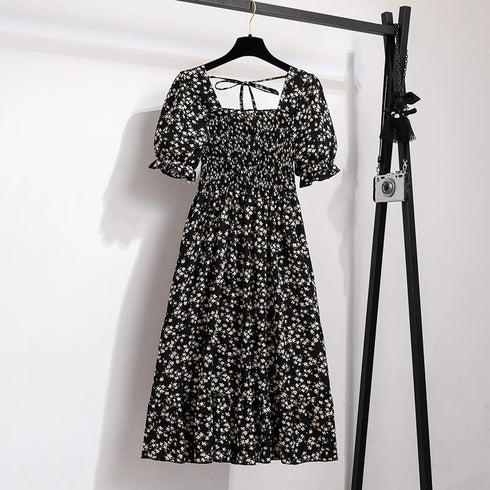 Floral A-Line Chiffon Dress with Short Sleeves