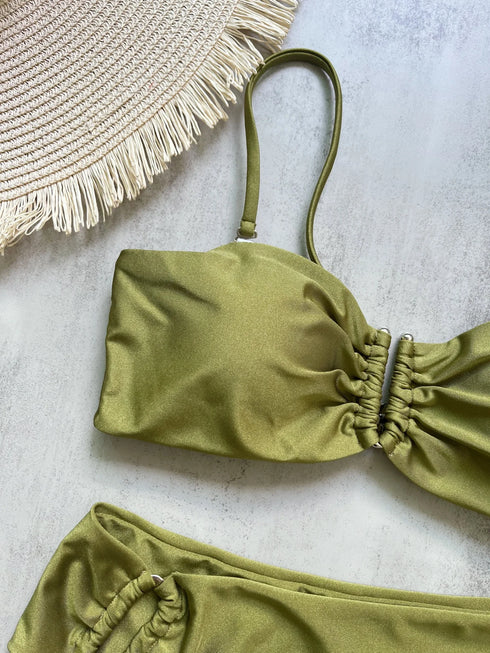 Push Up Bandeau Bikini Set in Olive Green