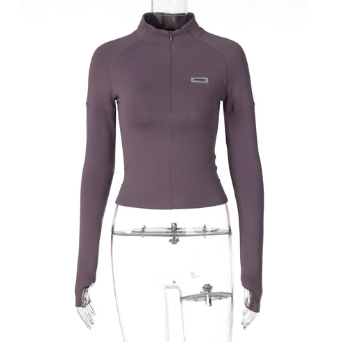 Y2K Long Sleeve Zip Crop Top for Women