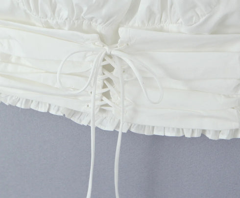 2023 Sexy Corset White Ruched Chest Square Collar Short Puff Sleeve Shirt Women Cross Lacing up Bandage Waist Bodycon Crop Tops