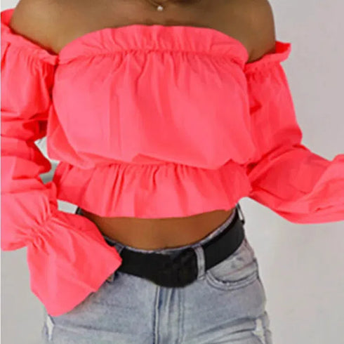 Candy Colour Off Shoulder Crop Top with Dot Print