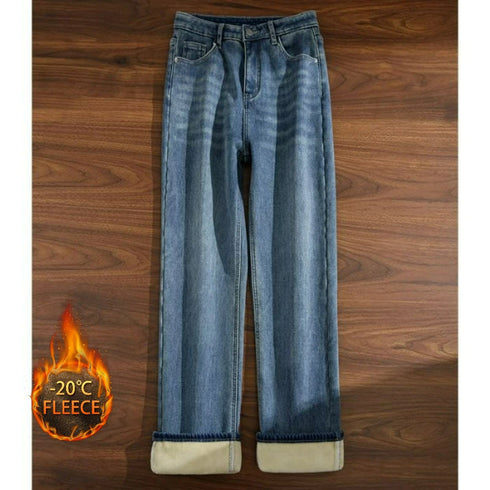 High Waist Fleece Lined Straight Jeans for Women