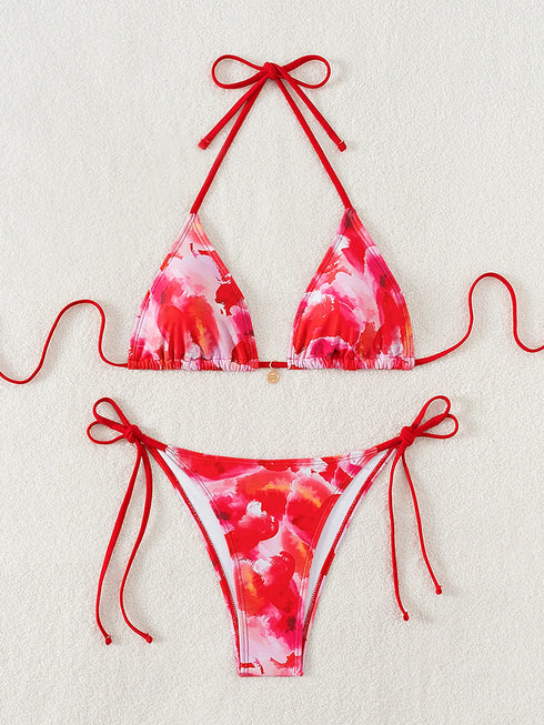 Floral Print Triangle Bikini Set with Brazilian Bottoms