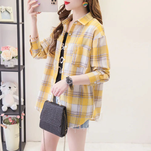 Loose Fit Cotton Plaid Shirt for Women