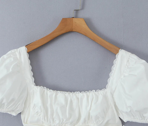 2023 Sexy Corset White Ruched Chest Square Collar Short Puff Sleeve Shirt Women Cross Lacing up Bandage Waist Bodycon Crop Tops