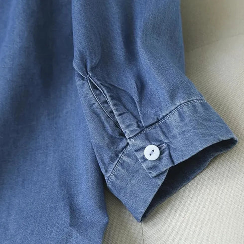 Blue Denim Lyocell Casual V-Neck Blouse