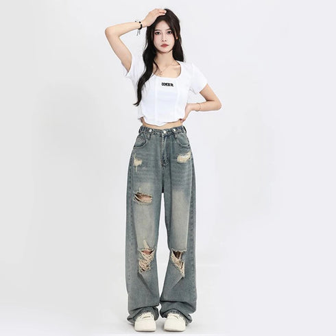 High Waist Wide Leg Denim Jeans with Hole Detail