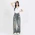 High Waist Wide Leg Denim Jeans with Hole Detail