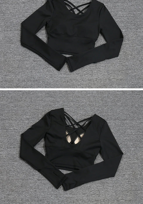 Women's hollow-out back with a built-in bra, long-sleeved yoga top, quick-drying, one-piece bra, pil training fitness suit.