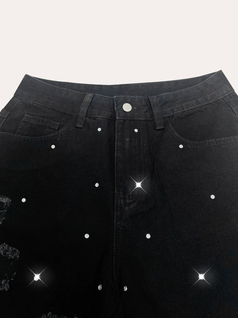 Women's Black Denim Shorts with Distressed Detail