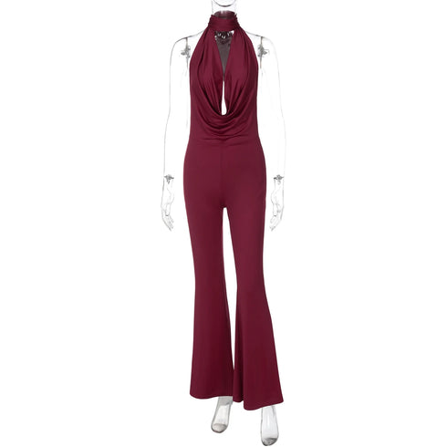 Dulzura Backless Lace-Up Flared Jumpsuit in Wine Red