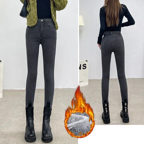 High Waist Thermal Jeans for Women - Warm Plush Denim