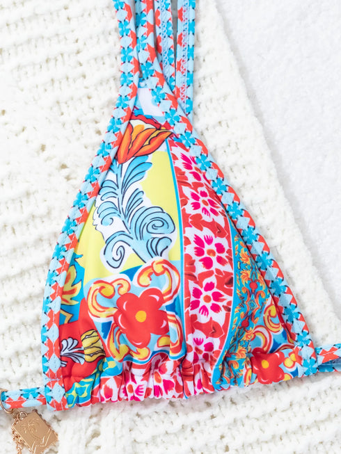 Floral Print Triangle Bikini Set with Brazilian Bottoms