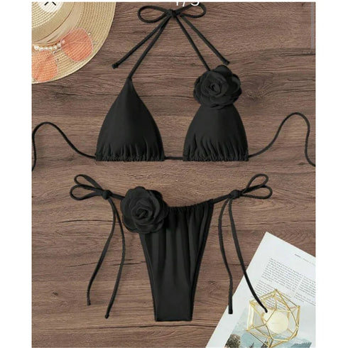 Floral Bandeau Thong Bikini Set for Women