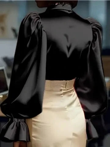 Elegant Satin Blouse with Ruffled Cuff Sleeves