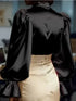 Elegant Satin Blouse with Ruffled Cuff Sleeves