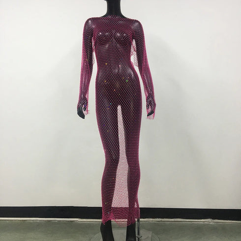 Shiny Rhinestones Grid Fishnet Dress