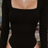 Bodysuit Long Sleeve Women Bodycon Square Neck Black Top