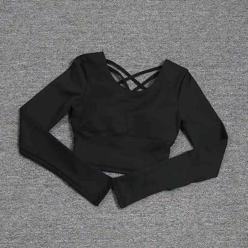 Women's hollow-out back with a built-in bra, long-sleeved yoga top, quick-drying, one-piece bra, pil training fitness suit.