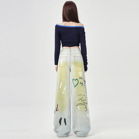Trendy Y2K Vintage Wide Leg Jeans with Artistic Print