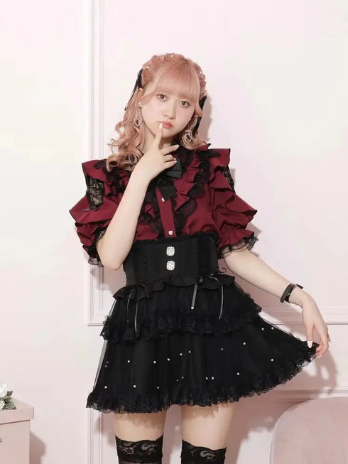 Noemi Inspired Ruffle Bow Top - Japanese Dark Femme Off-Shoulder Blouse, Lace Trim Bell Sleeve Shirt for Yami Kawaii & Lolita